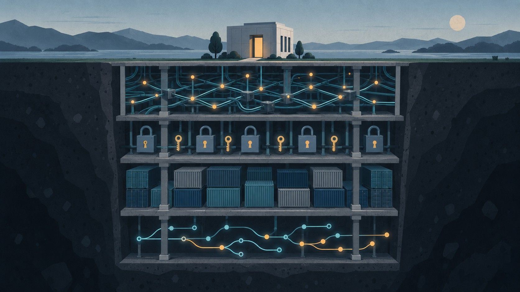 The platform underneath: a small building above ground, a deep engineered foundation of network, identity, containers and version control below it